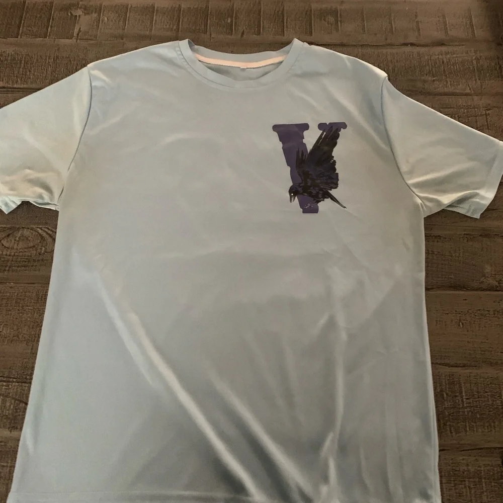 Men's Large Blue Graphic T-Shirt, EUC, Purple V Crow Design